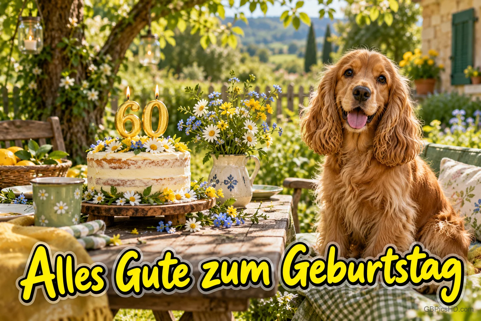 Ein brauner Hund sitzt neben einer Torte mit 60-Kerzen und Wiesenblumen im Garten; unten steht "Alles Gute zum Geburtstag".