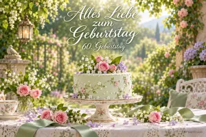 Eine hellgrüne Blumentorte steht auf einem Gartentisch unter dem weißen Gruß "Alles Liebe zum Geburtstag 60. Geburtstag".