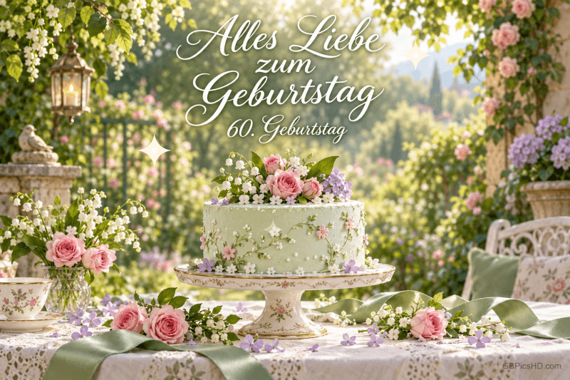 Eine hellgrüne Blumentorte steht auf einem Gartentisch unter dem weißen Gruß "Alles Liebe zum Geburtstag 60. Geburtstag". Eine hellgrüne Blumentorte steht auf einem Gartentisch unter dem weißen Gruß "Alles Liebe zum Geburtstag 60. Geburtstag".