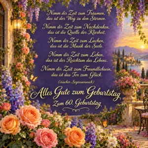 Rosen, Schmetterlinge und eine Seeterrasse umrahmen einen Segenswunsch sowie "Alles Gute zum Geburtstag Zum 60. Geburtstag".
