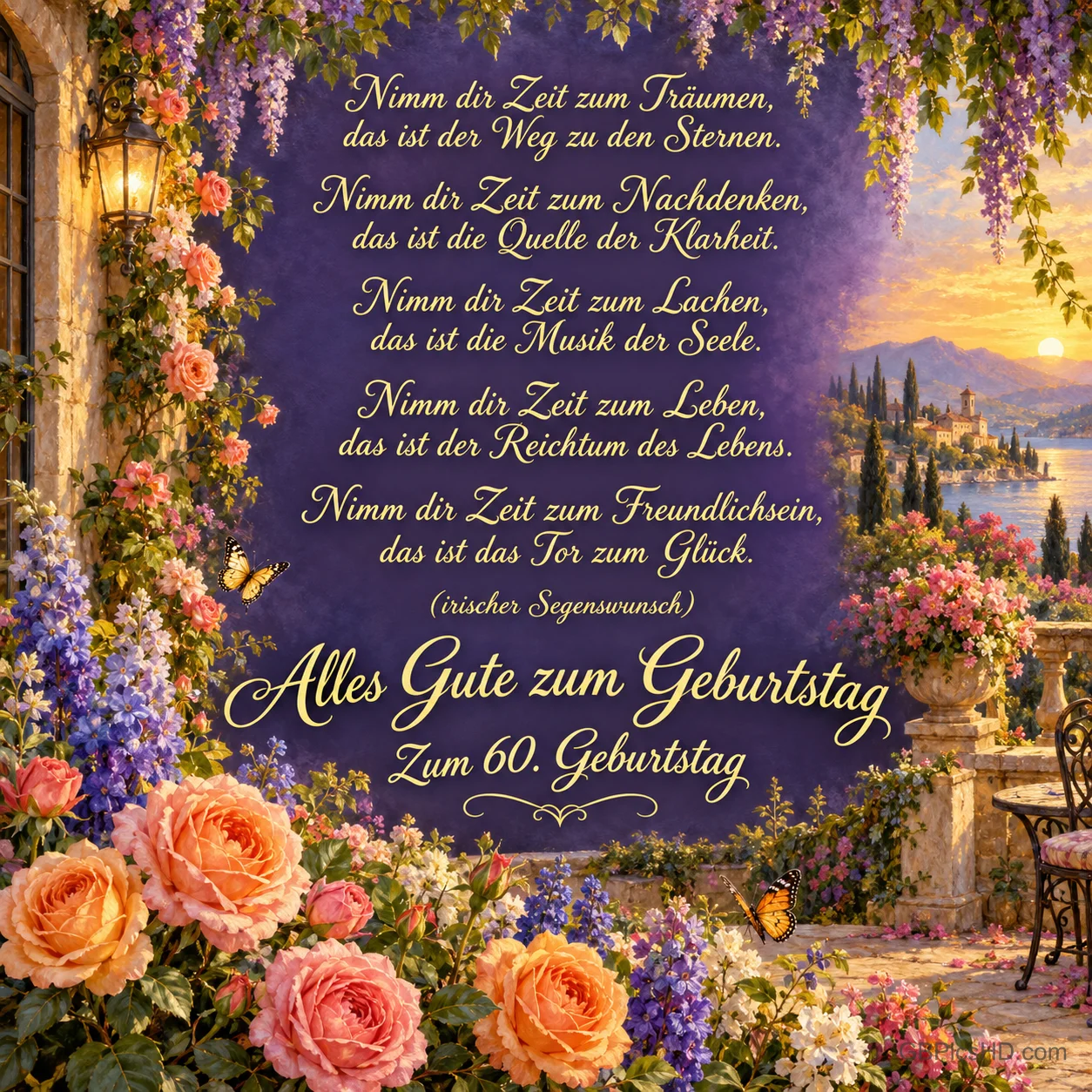 Rosen, Schmetterlinge und eine Seeterrasse umrahmen einen Segenswunsch sowie "Alles Gute zum Geburtstag Zum 60. Geburtstag".