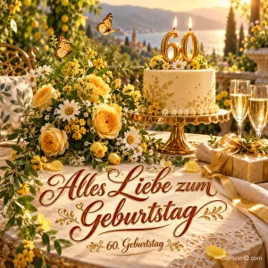 Gelbe Rosen, eine Torte mit 60-Kerzen, Sektgläser und Geschenke begleiten "Alles Liebe zum Geburtstag 60. Geburtstag".