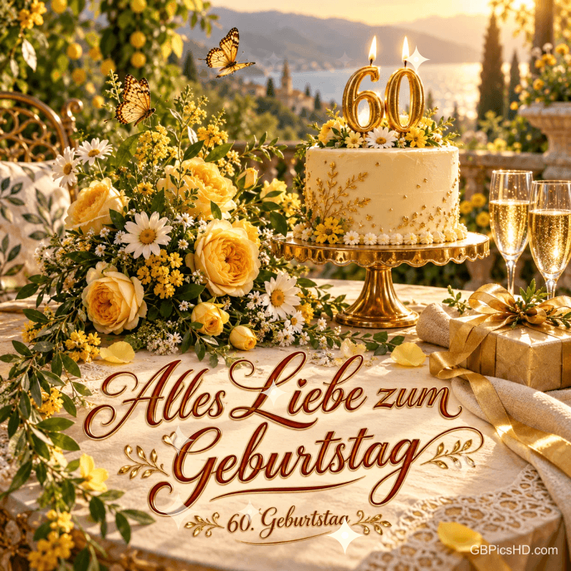 Gelbe Rosen, eine Torte mit 60-Kerzen, Sektgläser und Geschenke begleiten "Alles Liebe zum Geburtstag 60. Geburtstag".