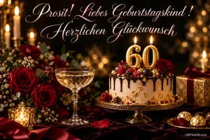 Torte mit 60-Kerzen, rote Rosen und ein Sektglas im Kerzenschein unter "Prosit! Liebes Geburtstagskind! Herzlichen Glückwunsch".