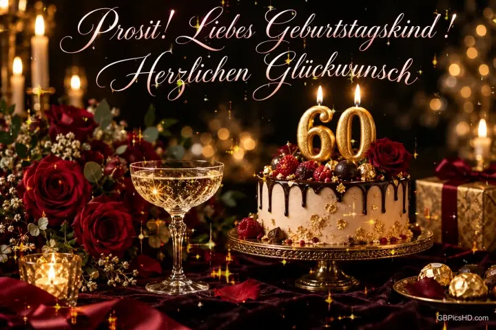 Torte mit 60-Kerzen, rote Rosen und ein Sektglas im Kerzenschein unter "Prosit! Liebes Geburtstagskind! Herzlichen Glückwunsch".