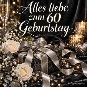 Ein schwarzes Geschenk mit silberner Schleife, weiße Rosen und Kerzen schmücken den Gruß "Alles Liebe zum 60. Geburtstag".