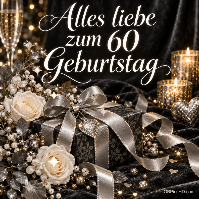 Ein schwarzes Geschenk mit silberner Schleife, weiße Rosen und Kerzen schmücken den Gruß "Alles Liebe zum 60. Geburtstag".