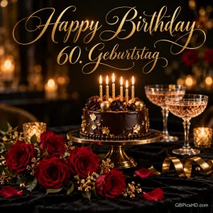 Schokoladentorte mit brennenden Kerzen, roten Rosen und Sektgläsern unter "Happy Birthday 60. Geburtstag".