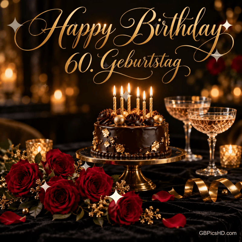 Schokoladentorte mit brennenden Kerzen, roten Rosen und Sektgläsern unter "Happy Birthday 60. Geburtstag".