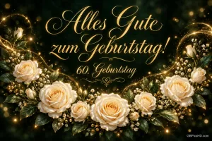 Cremefarbene Rosen und goldene Lichtpunkte umrahmen "Alles Gute zum Geburtstag! 60. Geburtstag" auf dunklem Grund.