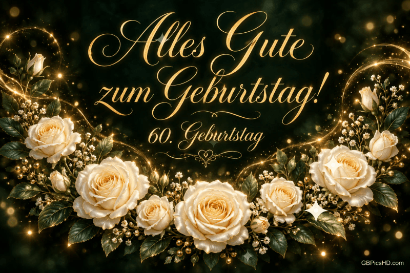 Cremefarbene Rosen und goldene Lichtpunkte umrahmen "Alles Gute zum Geburtstag! 60. Geburtstag" auf dunklem Grund.