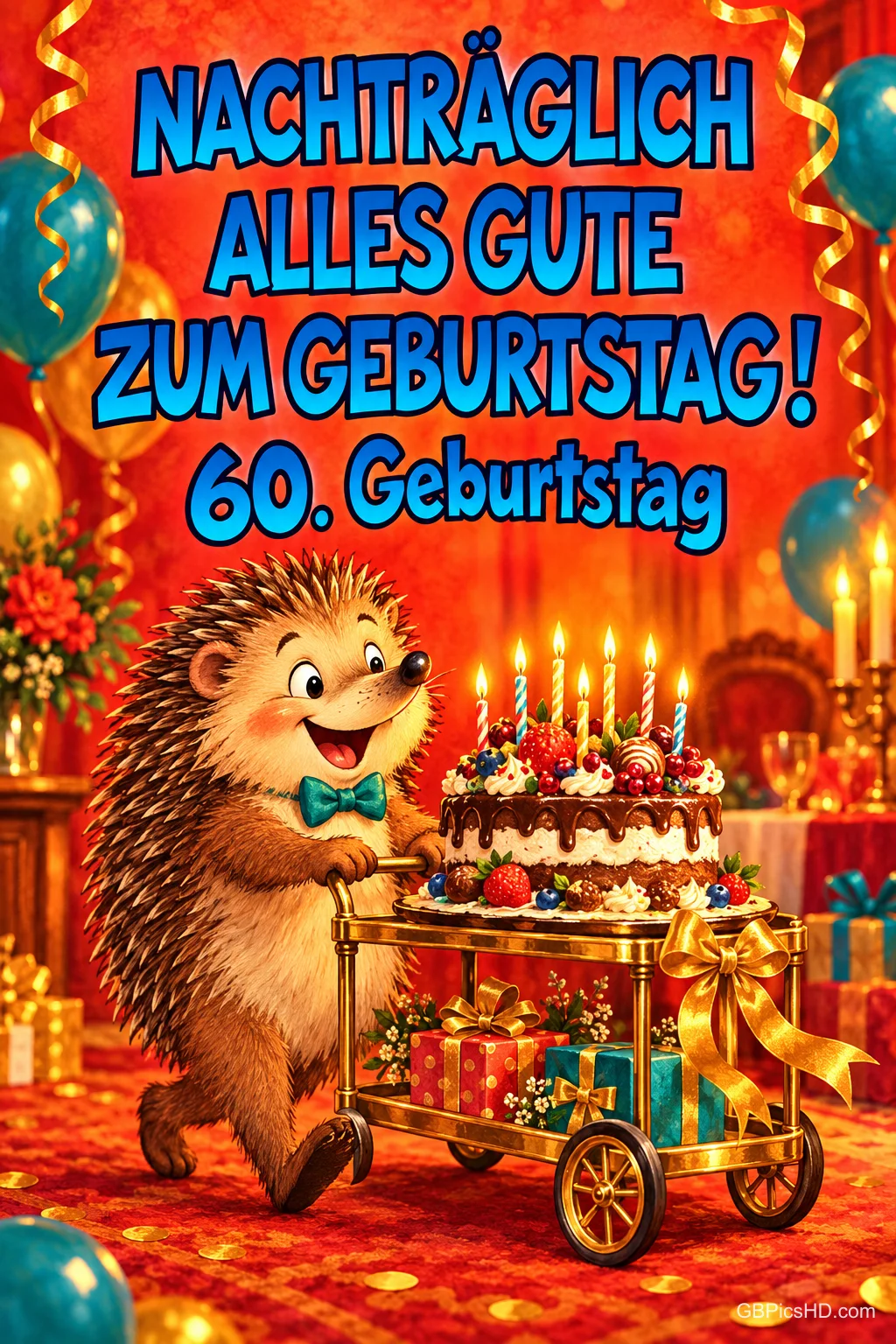 Ein fröhlicher Igel schiebt einen Wagen mit Torte und Geschenken unter "Nachträglich alles Gute zum Geburtstag! 60. Geburtstag".