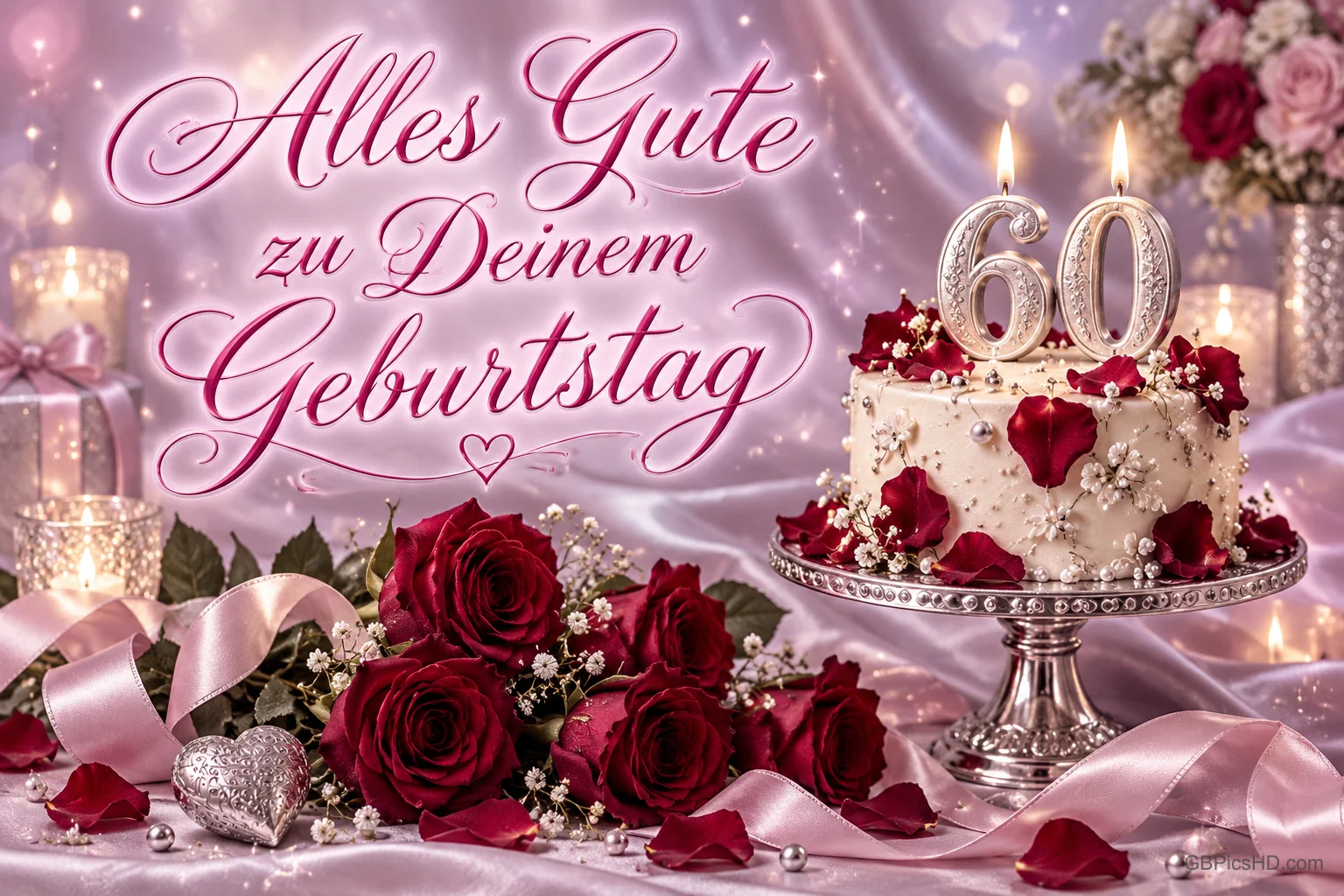 Eine weiße Torte mit 60-Kerzen, rote Rosen und rosa Satin begleiten "Alles Gute zu Deinem Geburtstag".
