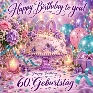 Eine Blumentorte mit 60-Kerzen, Ballons und Geschenken begleitet "Happy Birthday to you! Happy Birthday 60. Geburtstag".