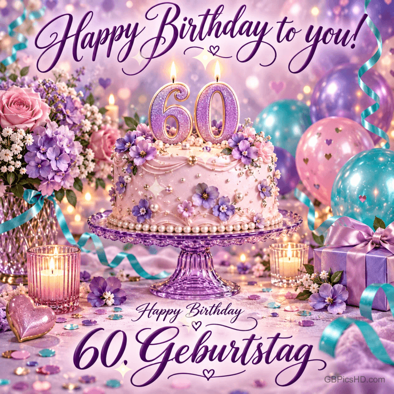 Eine Blumentorte mit 60-Kerzen, Ballons und Geschenken begleitet "Happy Birthday to you! Happy Birthday 60. Geburtstag".