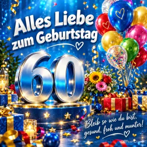 Eine silberne 60 mit bunten Ballons, Blumen, Geschenken und Kerzen unter "Alles Liebe zum Geburtstag".