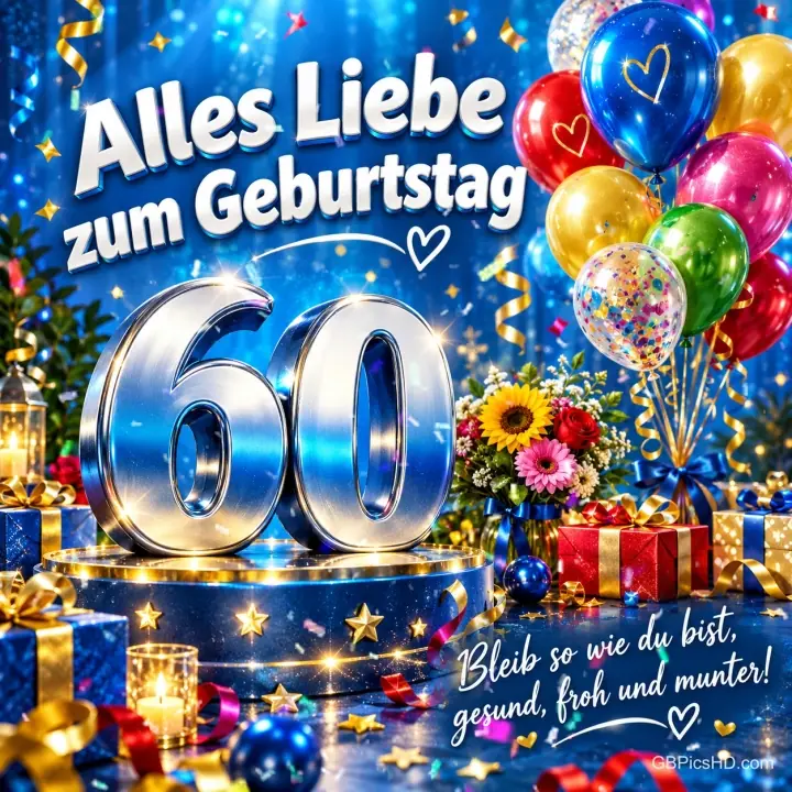 Eine silberne 60 mit bunten Ballons, Blumen, Geschenken und Kerzen unter "Alles Liebe zum Geburtstag". Eine silberne 60 mit bunten Ballons, Blumen, Geschenken und Kerzen unter "Alles Liebe zum Geburtstag".