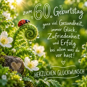 Ein Marienkäfer sitzt auf einem eingerollten Farn zwischen weißen Blüten neben "Zum 60. Geburtstag".