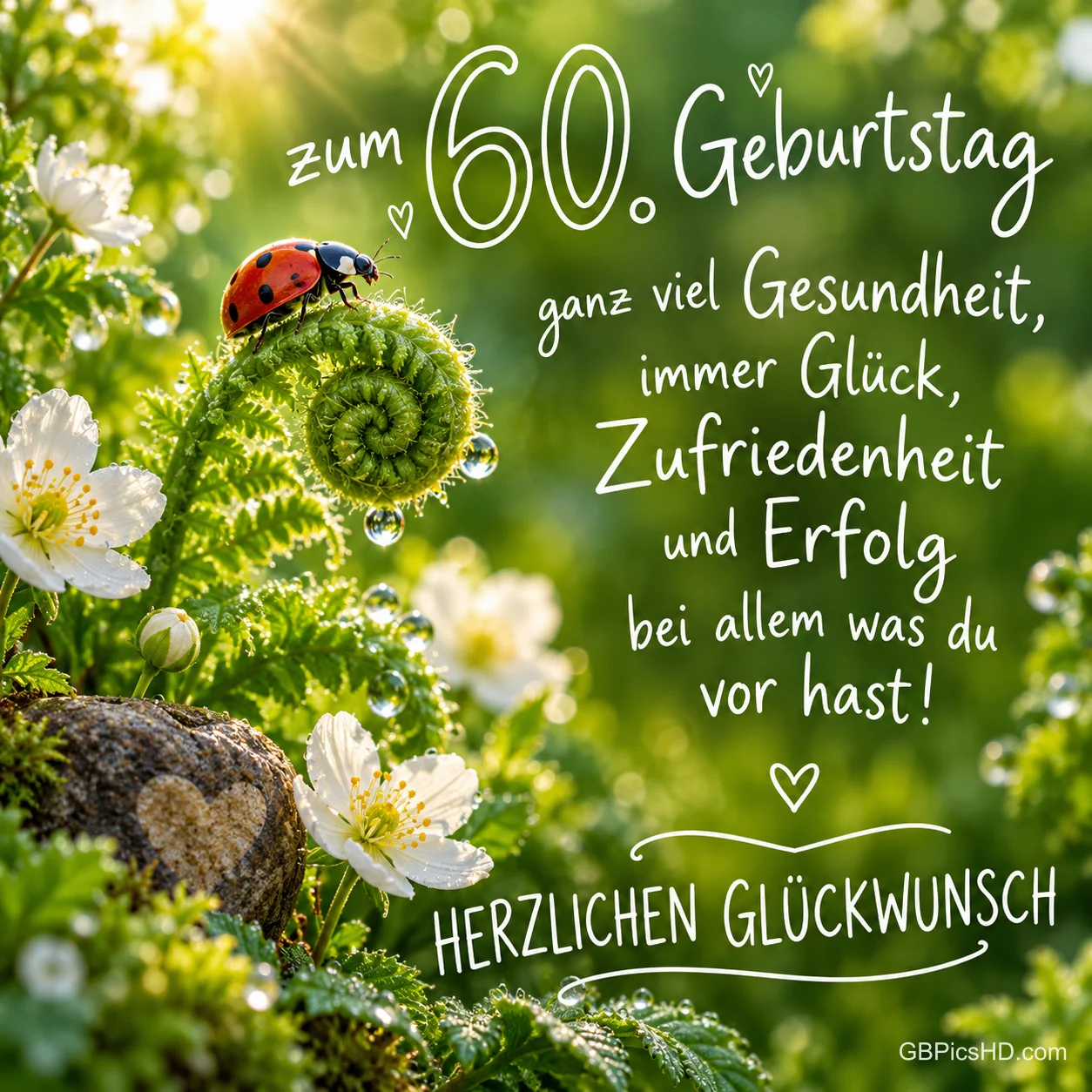 Ein Marienkäfer sitzt auf einem eingerollten Farn zwischen weißen Blüten neben "Zum 60. Geburtstag".