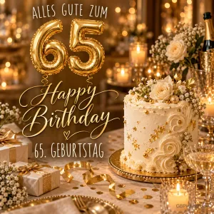 Goldene Zahlenballons, eine weiße Rosentorte und Geschenke mit "Alles Gute zum 65 Happy Birthday 65. Geburtstag".