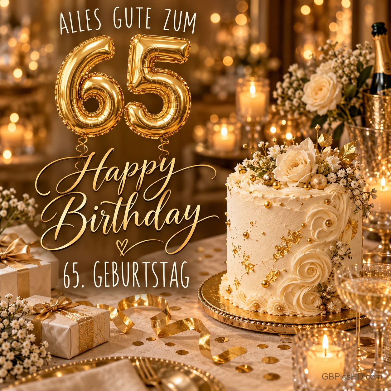 Goldene Zahlenballons, eine weiße Rosentorte und Geschenke mit "Alles Gute zum 65 Happy Birthday 65. Geburtstag".