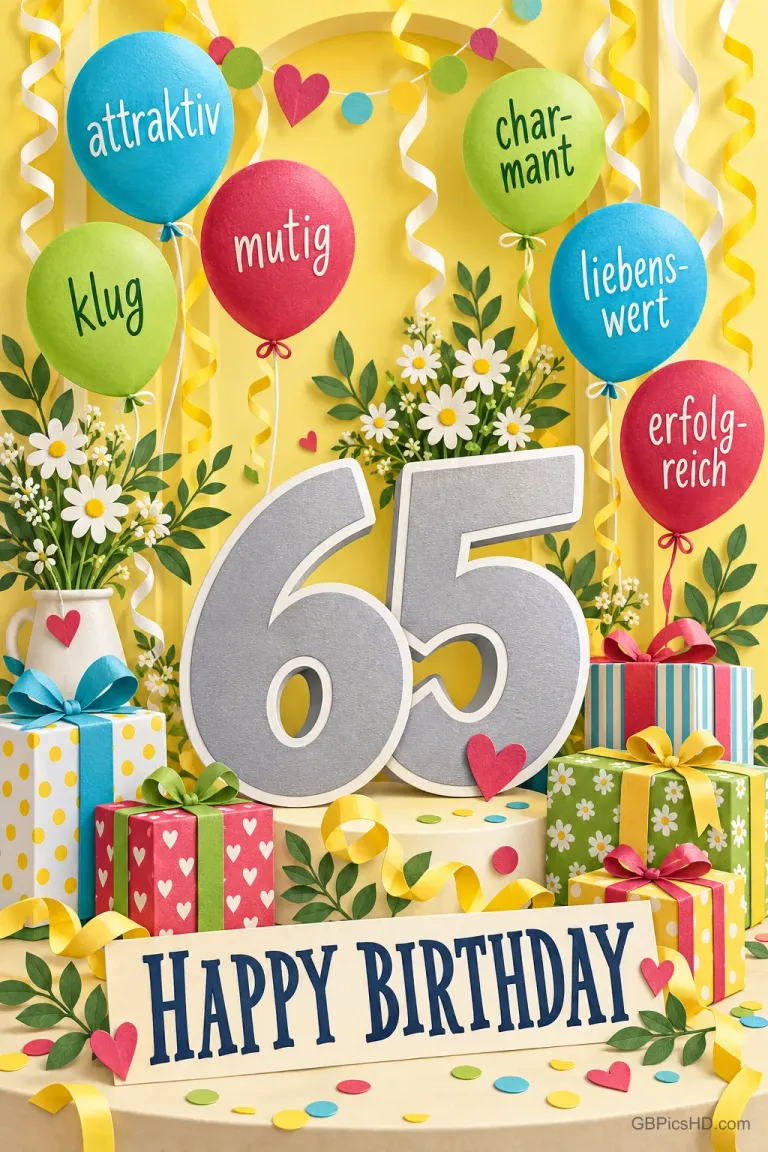 Bunte Ballons, Geschenke und Gänseblümchen mit "65 attraktiv klug mutig charmant liebenswert erfolgreich Happy Birthday".