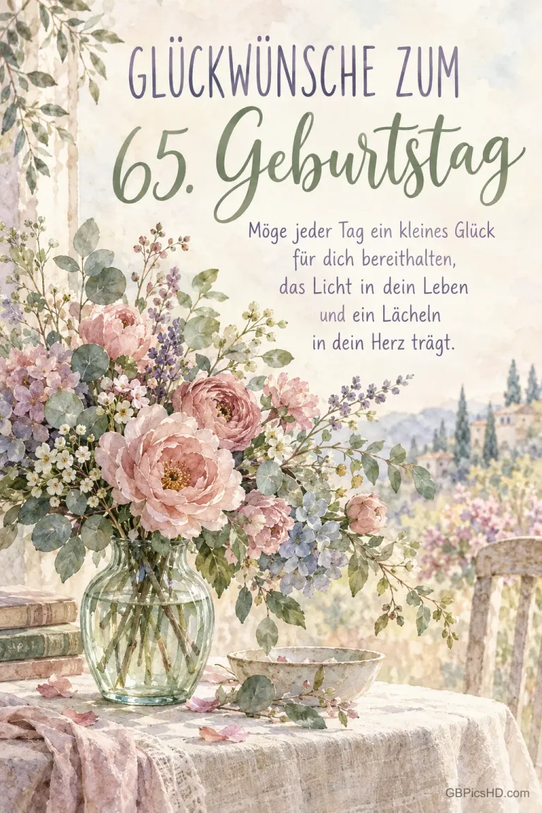 Ein Blumenstrauß in einer Glasvase steht neben Büchern und einer Teetasse mit "Glückwünsche zum 65. Geburtstag".