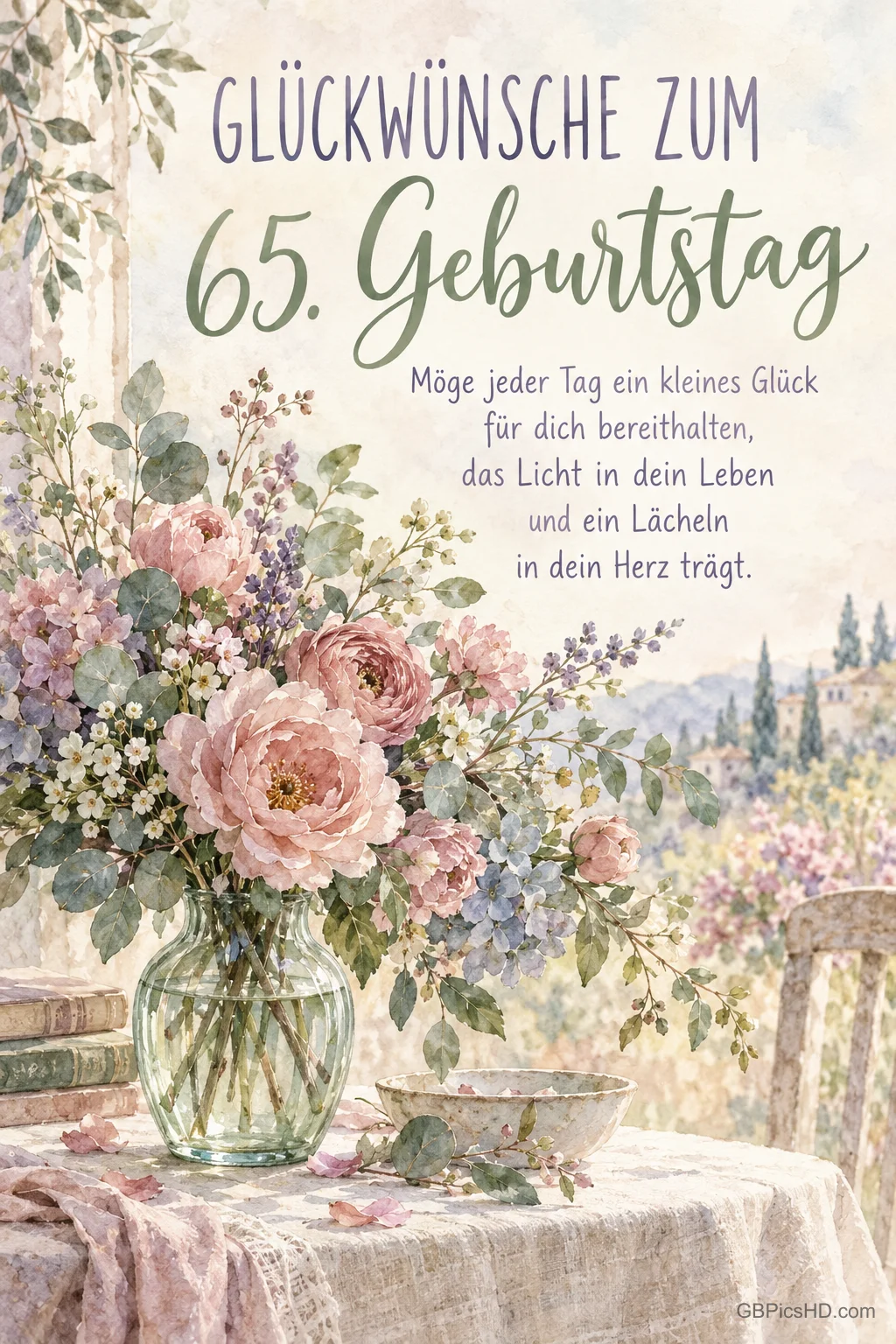 Ein Blumenstrauß in einer Glasvase steht neben Büchern und einer Teetasse mit "Glückwünsche zum 65. Geburtstag".