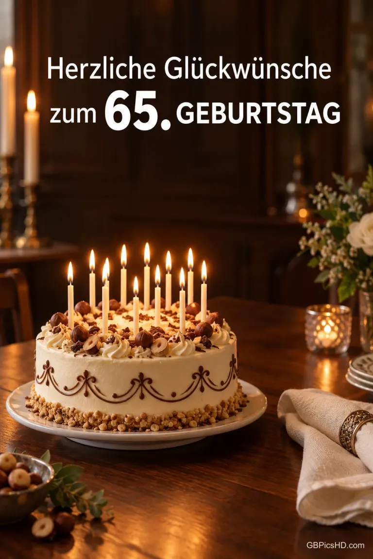 Eine Torte mit brennenden Kerzen steht unter buntem Konfetti und "Herzliche Glückwünsche zum 65. Geburtstag".