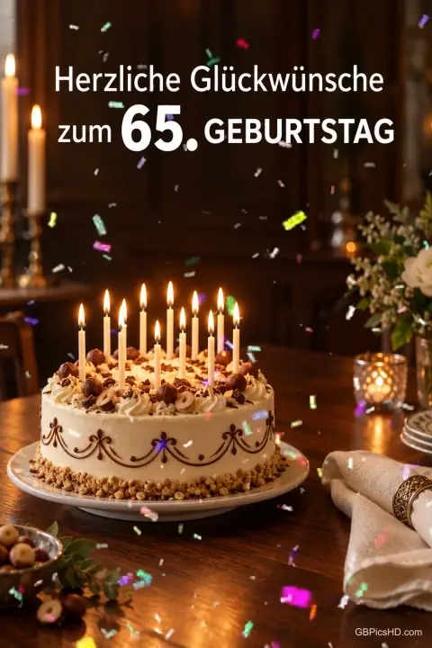 Eine Torte mit brennenden Kerzen steht unter buntem Konfetti und "Herzliche Glückwünsche zum 65. Geburtstag".