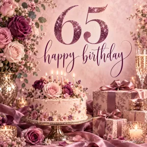 Eine Rosentorte mit Kerzen, rosa Geschenke und Blumen stehen unter der glitzernden 65 und "Happy Birthday".
