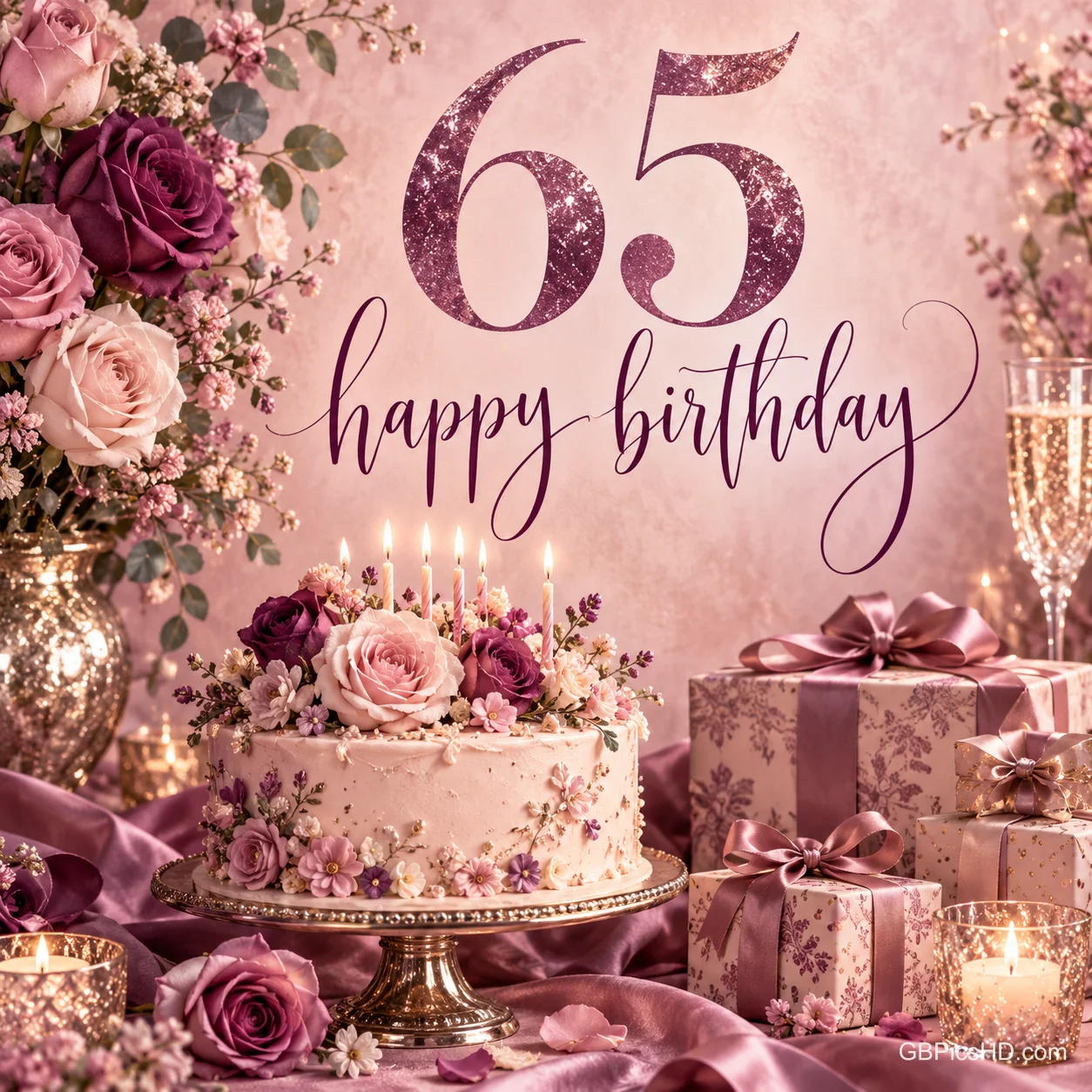 Eine Rosentorte mit Kerzen, rosa Geschenke und Blumen stehen unter der glitzernden 65 und "Happy Birthday".