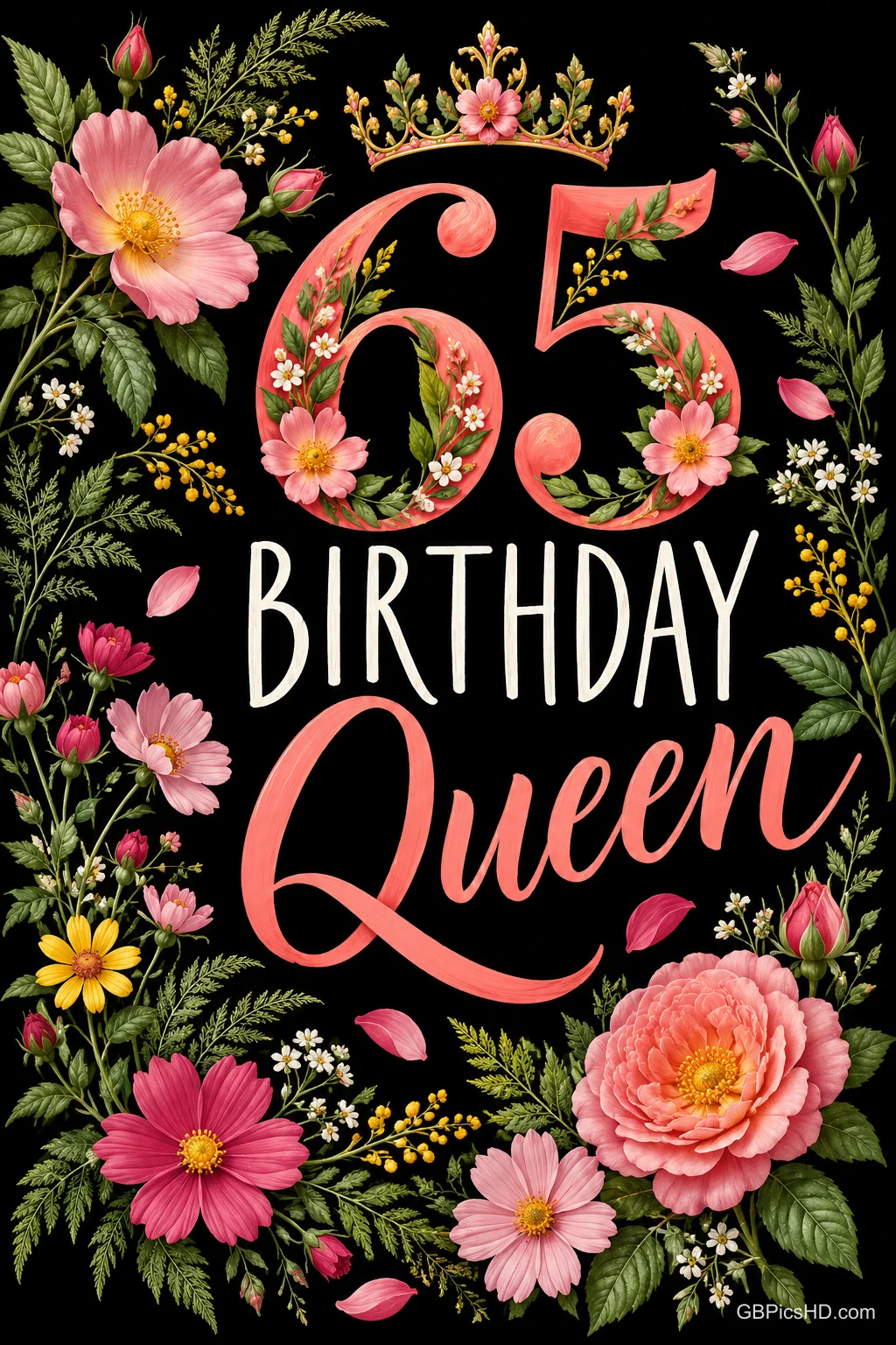 Rosa Blüten und grüne Blätter umrahmen eine Krone und den Schriftzug "65 BIRTHDAY Queen" auf schwarzem Grund.