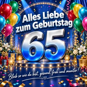 Ballons, Geschenke und eine blaue 65 mit "Alles Liebe zum Geburtstag 65 Bleib so wie du bist, gesund, froh und munter!".