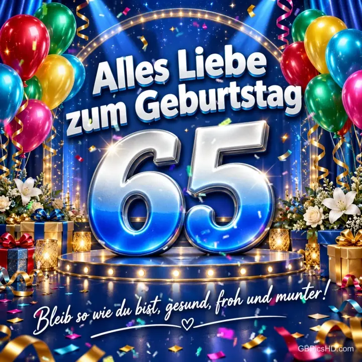 Ballons, Geschenke und eine blaue 65 mit "Alles Liebe zum Geburtstag 65 Bleib so wie du bist, gesund, froh und munter!". Ballons, Geschenke und eine blaue 65 mit "Alles Liebe zum Geburtstag 65 Bleib so wie du bist, gesund, froh und munter!".