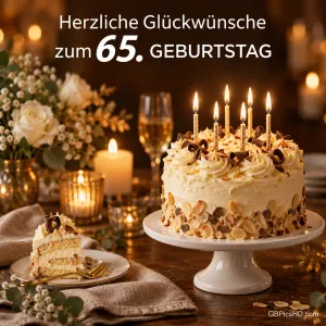 Eine Sahnetorte mit brennenden Kerzen, ein Tortenstück und weiße Rosen mit "Herzliche Glückwünsche zum 65. Geburtstag".