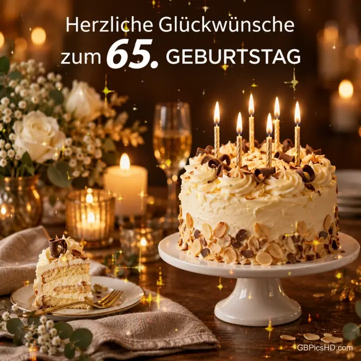 Eine Sahnetorte mit brennenden Kerzen, ein Tortenstück und weiße Rosen mit "Herzliche Glückwünsche zum 65. Geburtstag".