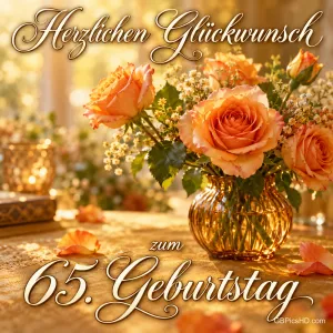 Orangefarbene Rosen stehen in einer goldfarbenen Glasvase im warmen Licht mit "Herzlichen Glückwunsch zum 65. Geburtstag".