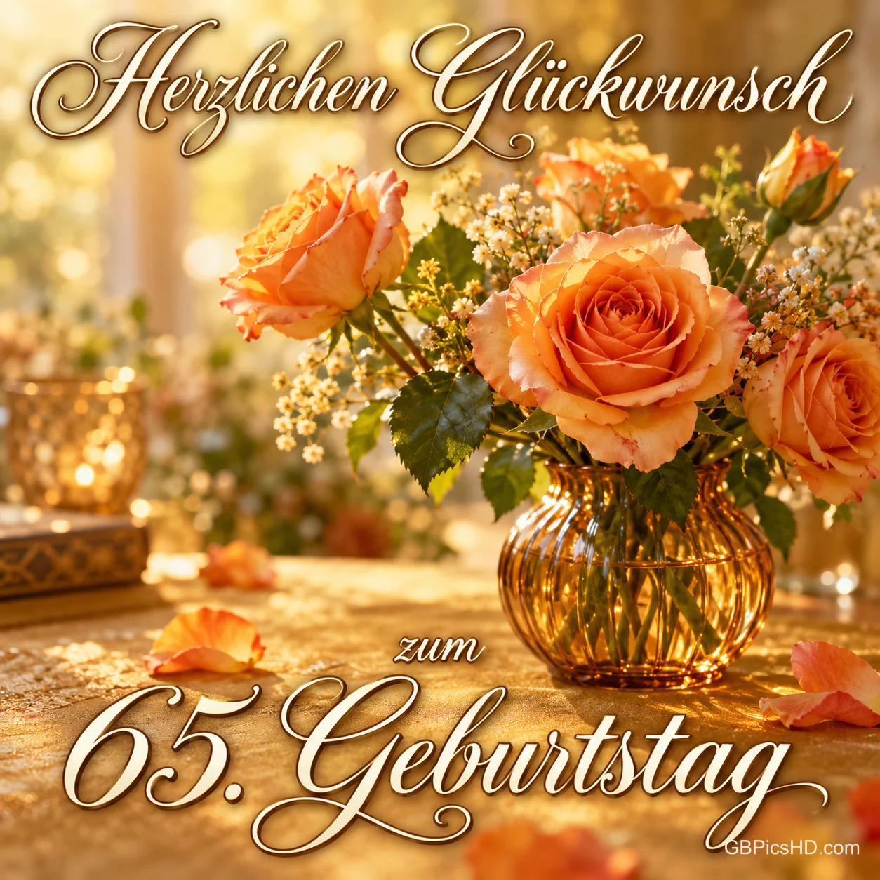 Orangefarbene Rosen stehen in einer goldfarbenen Glasvase im warmen Licht mit "Herzlichen Glückwunsch zum 65. Geburtstag".