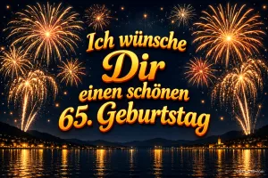 Goldenes Feuerwerk leuchtet über einem See mit Spiegelungen und "Ich wünsche dir einen schönen 65. Geburtstag".