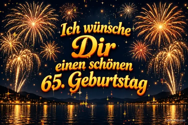 Goldenes Feuerwerk leuchtet über einem See mit Spiegelungen und "Ich wünsche dir einen schönen 65. Geburtstag".