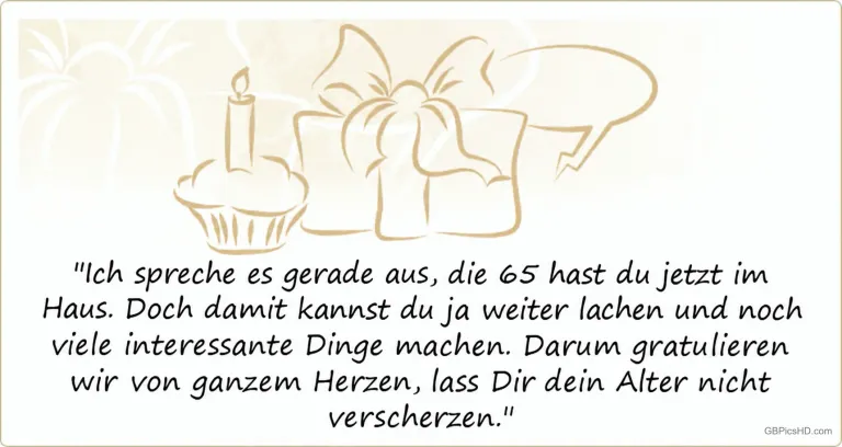 Grafik mit Kerze, Geschenken und Geburtstagsgruß zum 65. Geburtstag.