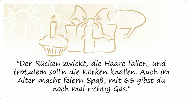 Geburtstagskarte zum 66. Geburtstag mit Geburtstagskuchen, Geschenk und feierlichem Spruch in beige und schwarz.