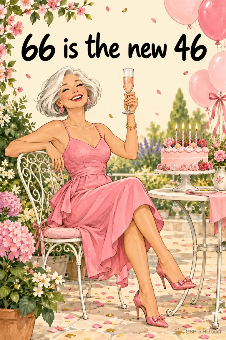 Eine lachende Frau im rosa Kleid hebt ein Glas neben einer Geburtstagstorte; oben steht "66 is the new 46".