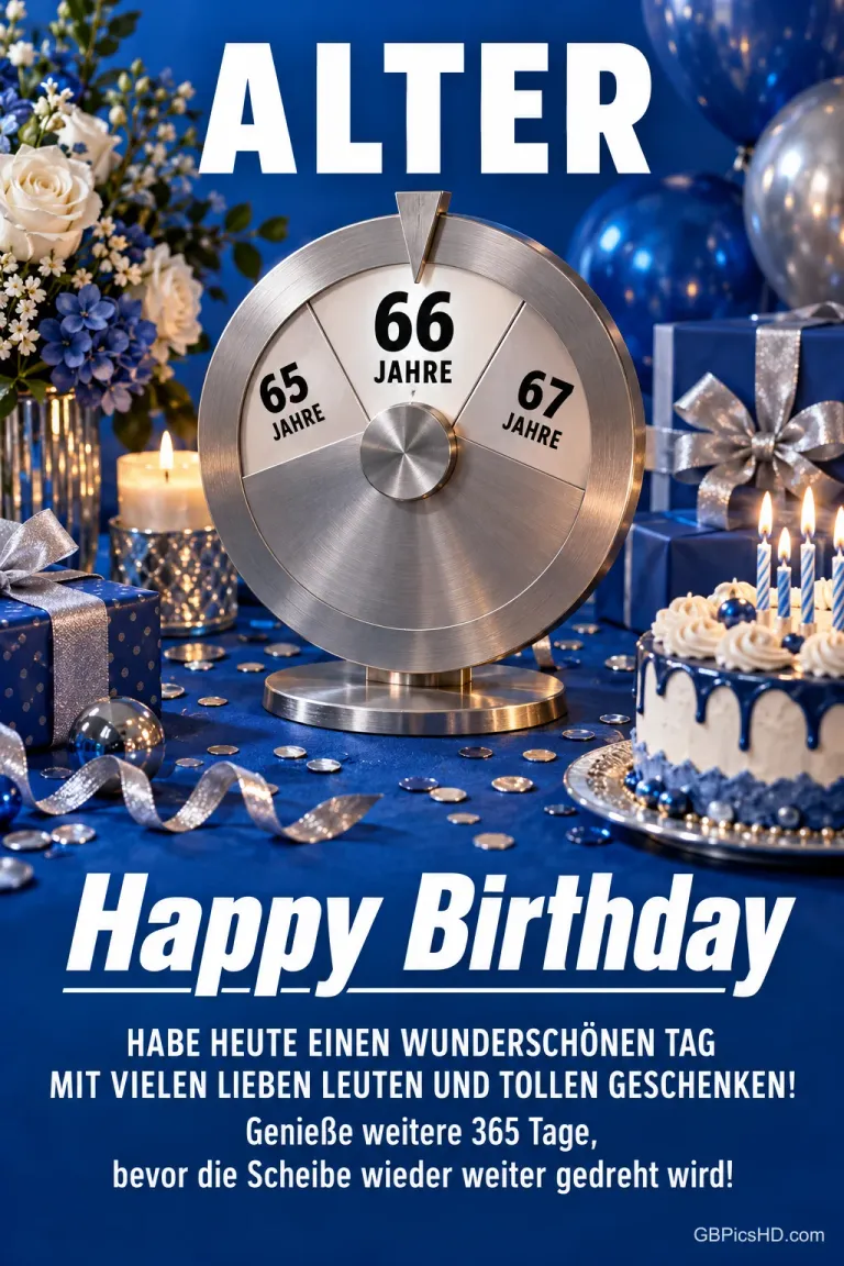 Eine silberne Altersscheibe zeigt 66 Jahre zwischen Geschenken, Blumen und einer Torte; darunter steht "Happy Birthday".