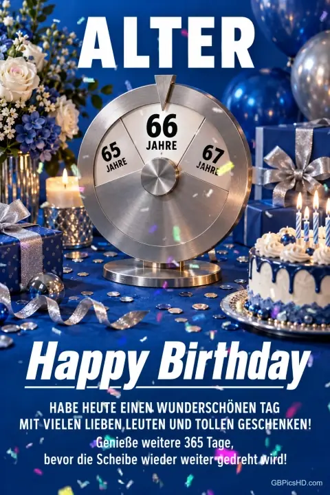 Eine silberne Altersscheibe zeigt 66 Jahre zwischen Geschenken, Blumen und einer Torte; darunter steht "Happy Birthday".