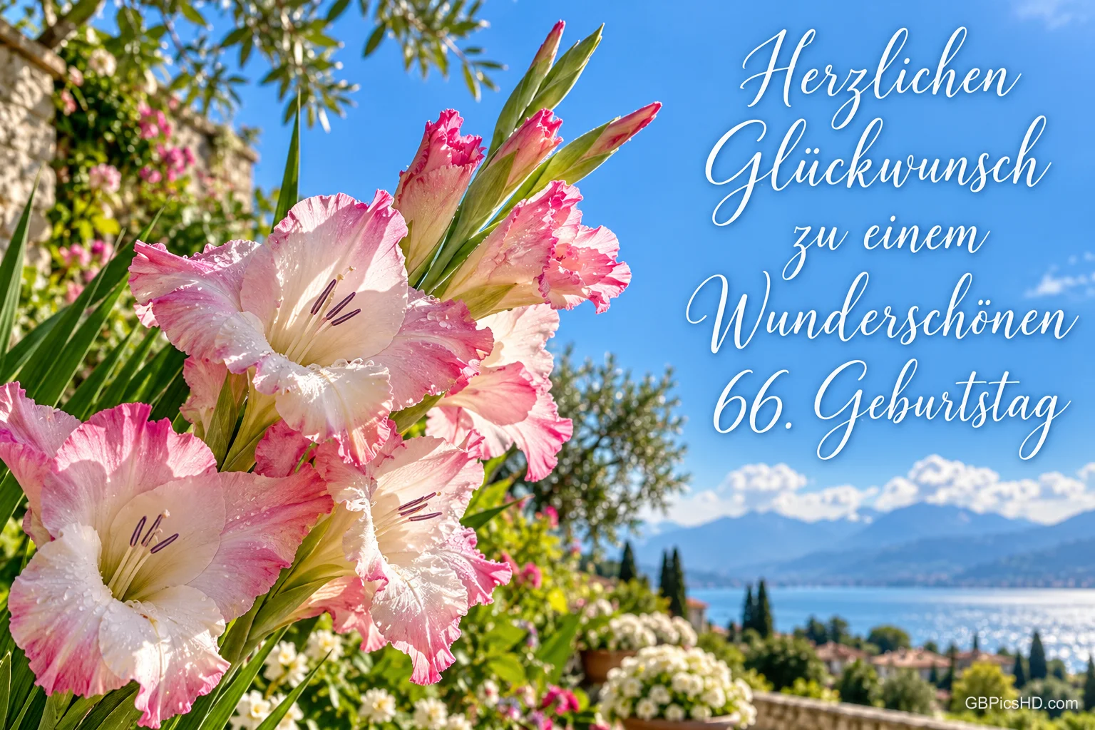 Rosa Gladiolen blühen vor einem See und Bergen neben "Herzlichen Glückwunsch zu einem wunderschönen 66. Geburtstag".