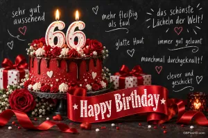 Rote Torte mit 66-Kerzen, Rosen und einer Schleife, umgeben von Komplimenten wie "das schönste Lächeln der Welt!".