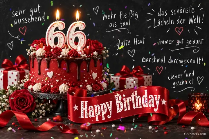 Rote Torte mit 66-Kerzen, Rosen und einer Schleife, umgeben von Komplimenten wie "das schönste Lächeln der Welt!".