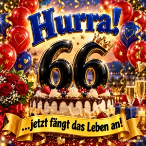 Eine Torte mit großer 66 und Krone steht zwischen Ballons und Sektgläsern; dazu "Hurra! 66 ...jetzt fängt das Leben an!".